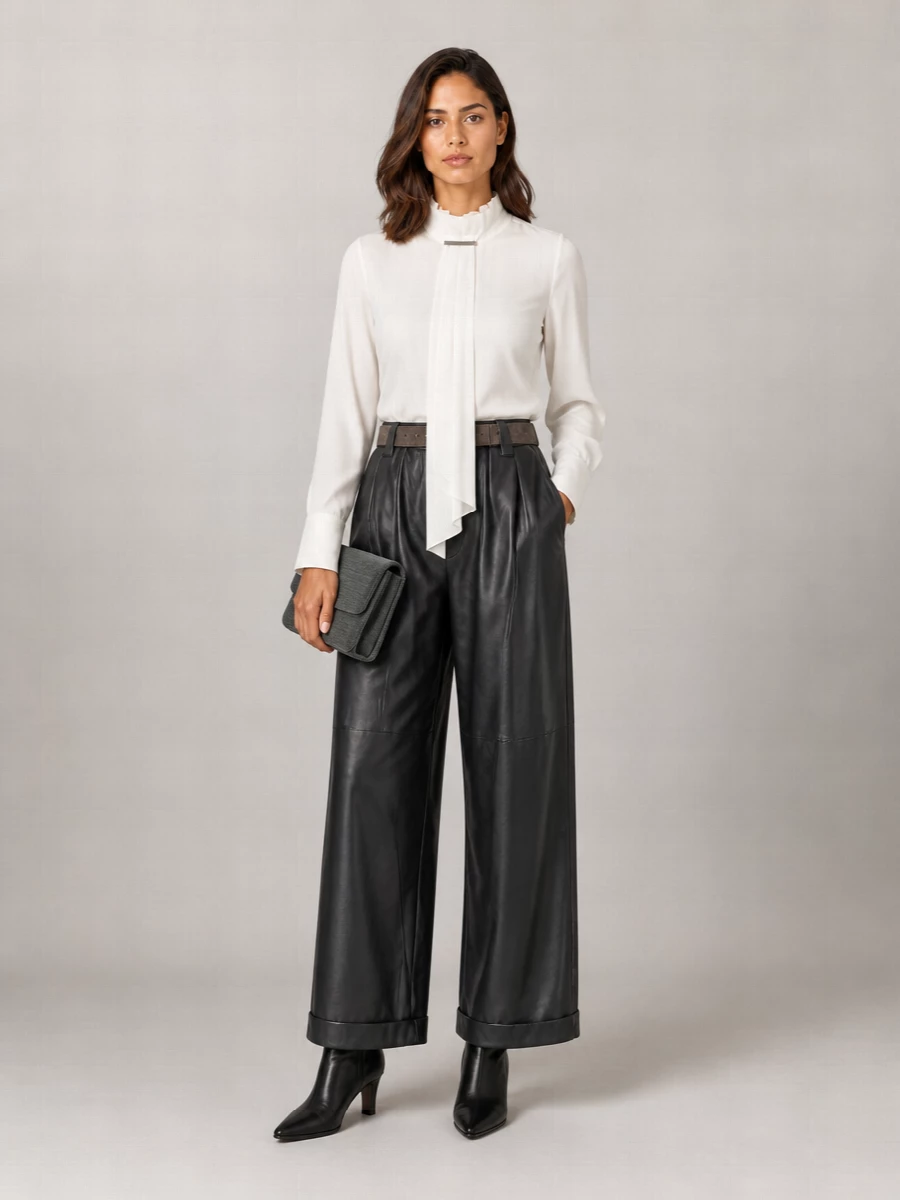 Brunello Cucinelli Leather Pleated Wide-Leg Trousers