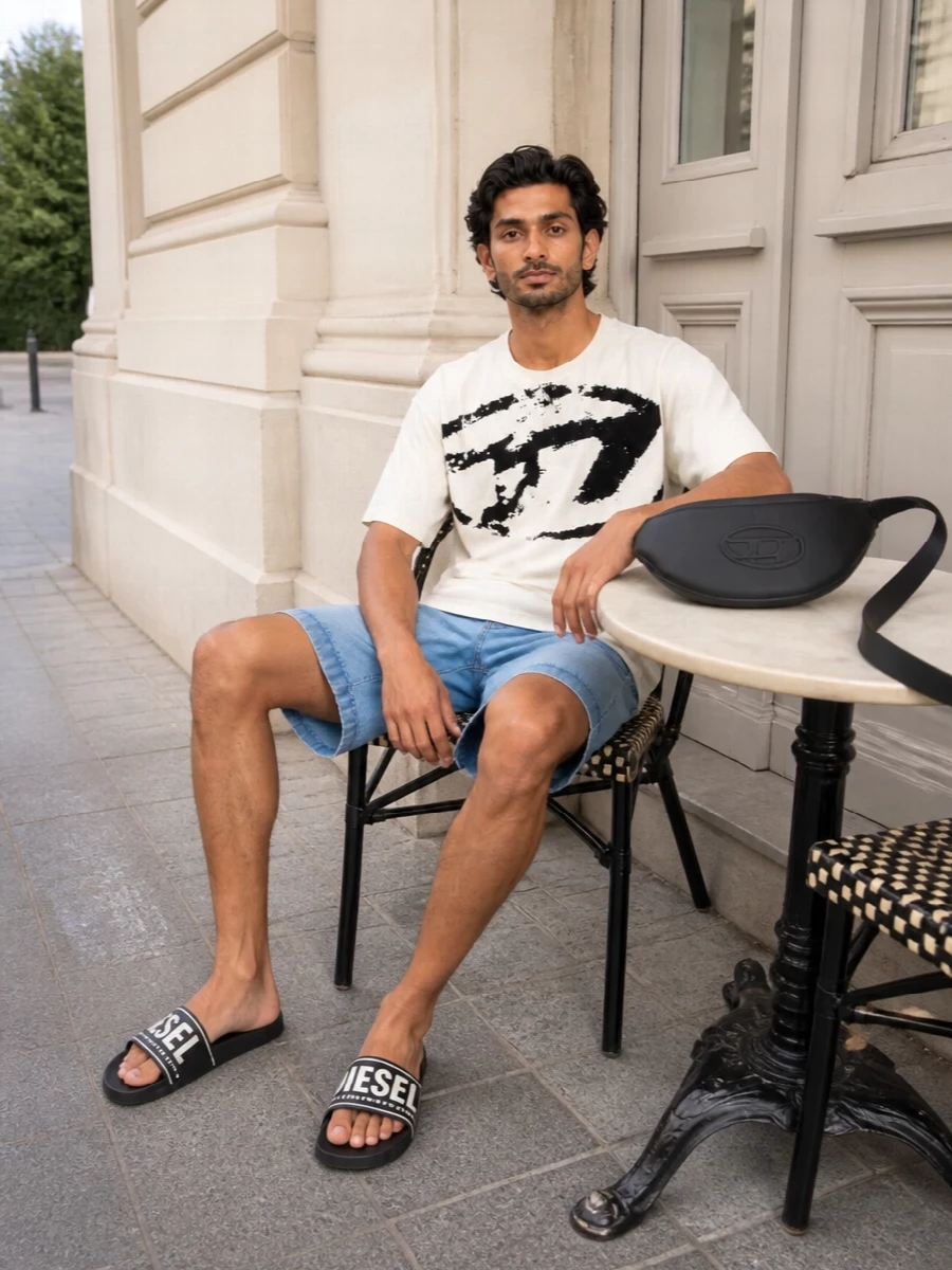 Diesel slides graphic tee light blue shorts outfit