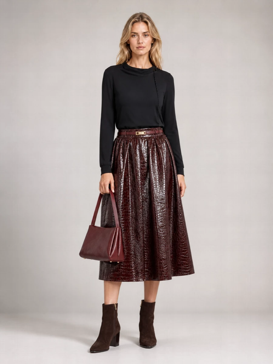 Alysi crocodile effect leather midi a-line skirt