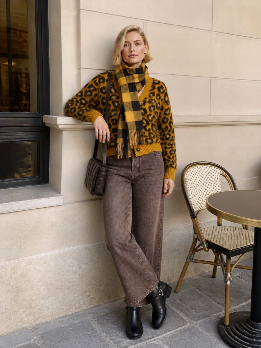 Bottega veneta leopard cardigan brown wide leg jeans
