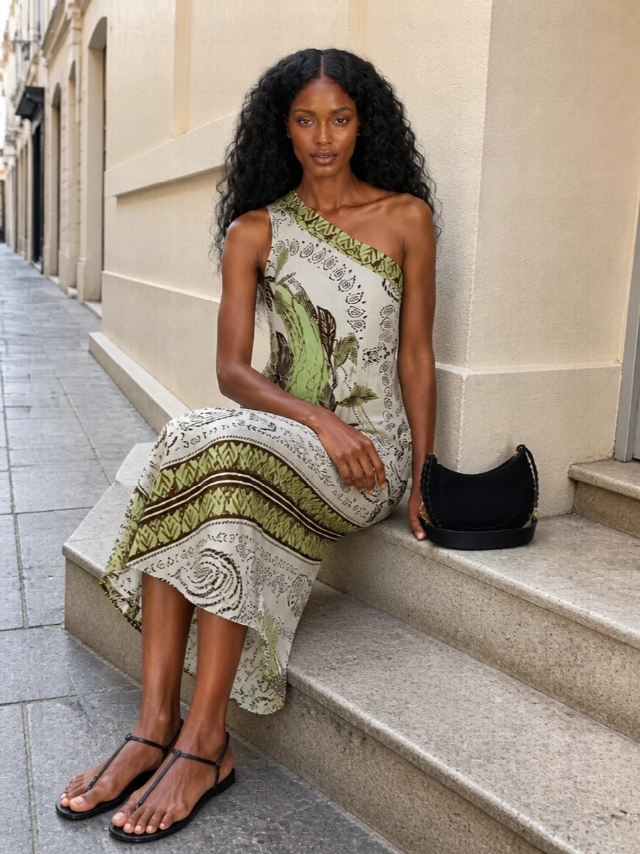 I’ve built the outfit around the printed Tory Burch midi rather than separates, because its one-shoulder, scarf-like drape and paisley echo the bag’s soft boho attitude more cohesively than any top-and-mini pairing. The black Manebi sandals mirror the bag’s tone and hardware, giving a clean, flat finish that feels right for warm-weather cocktails or vacations without tipping the styling into overt evening territory. Together they create an easy, sun-faded palette with a subtle print story that lets the hobo bag read as a grounded, modern accent rather than an afterthought.