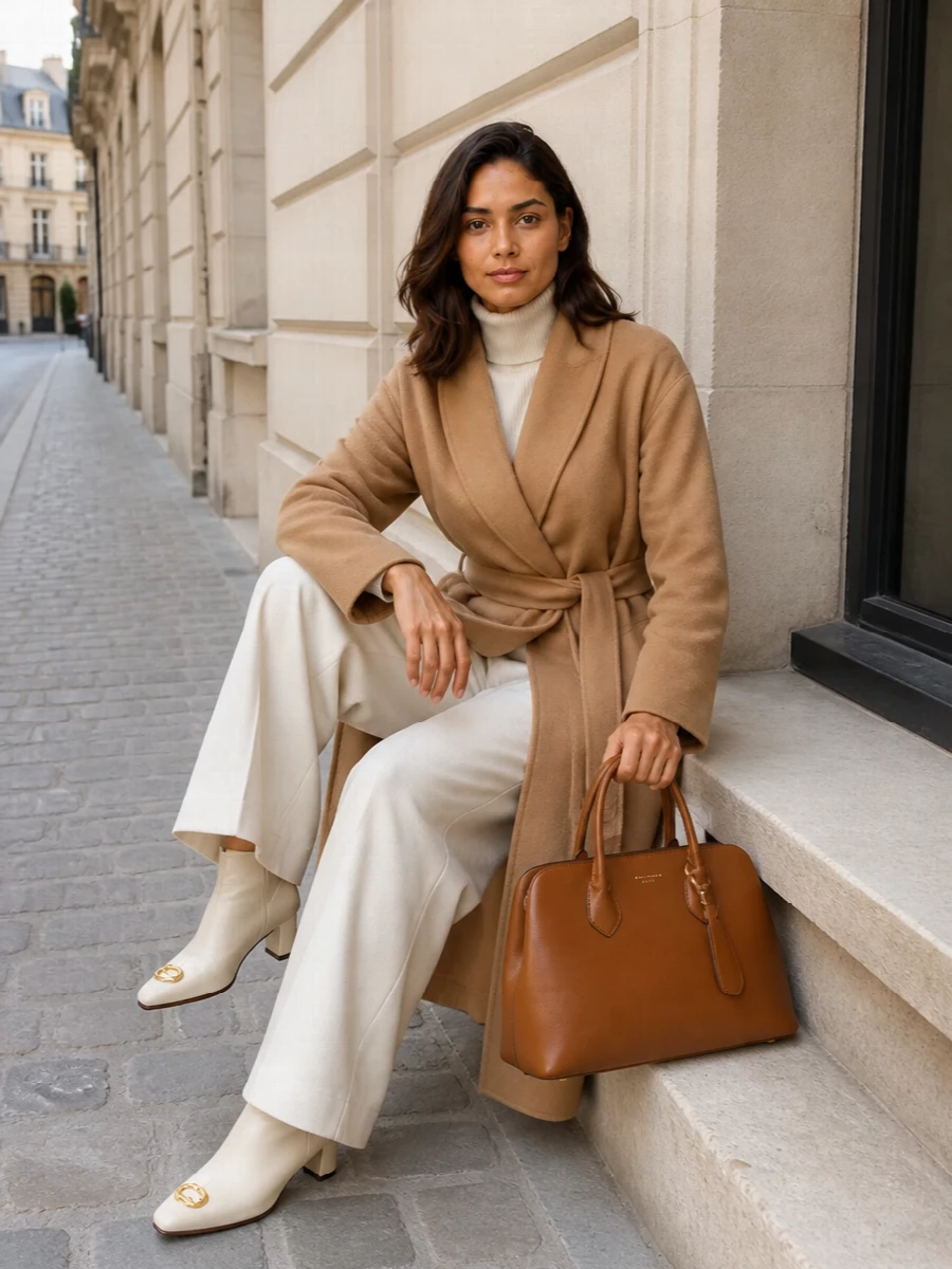Fabiana filippi camel coat ivory wide leg trousers
