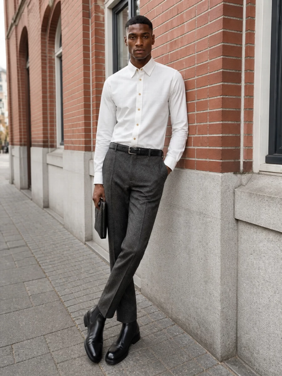 Bottega veneta white shirt charcoal trouser outfit