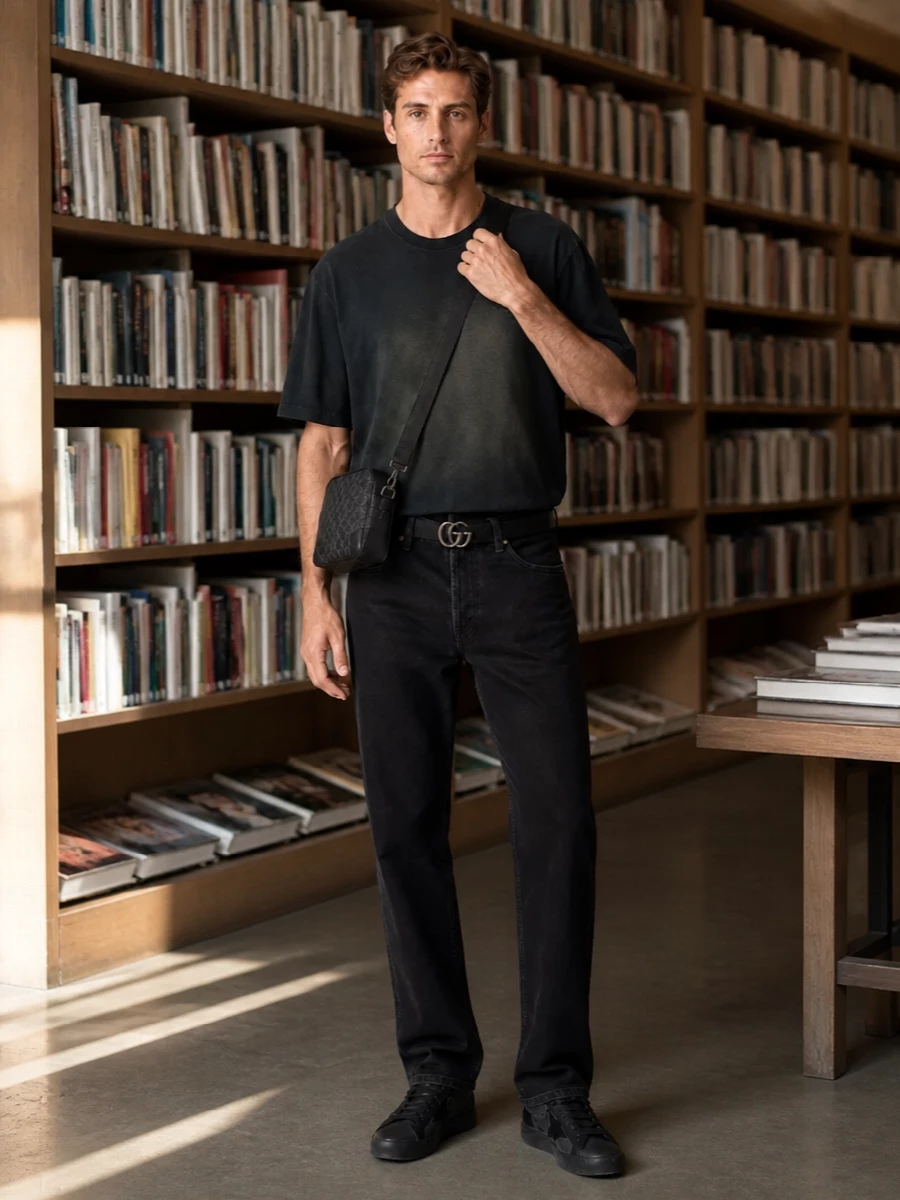 A washed-black Golden Goose tee sits over similarly toned straight-leg jeans for a tight, charcoal-focused base that feels lived in but intentional. All-black low-top sneakers keep the line clean and grounded, while a compact Gucci crossbody and slim logo belt bring just enough hardware and branding to read quietly premium without breaking the mood.