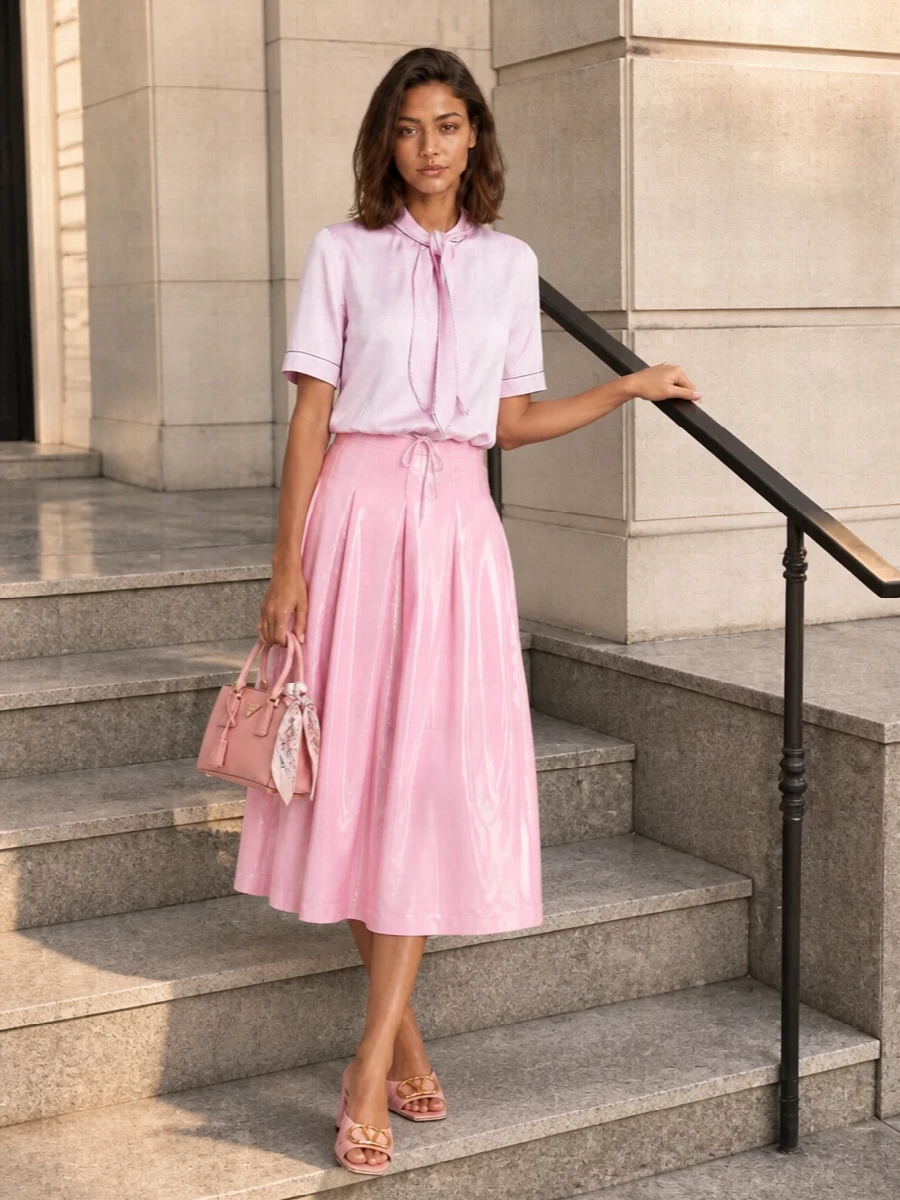 A glossy bubblegum midi meets a softly structured tie-neck blouse in a near-matching pastel, creating a romantic monochrome column with quiet sheen. Blush block-heel mules and a powder-pink top-handle keep the mood polished yet gentle, while a slim logo scarf adds that final, whisper-light note of Italian refinement. The result is a poised, feminine ensemble suited to daytime occasions that stretch effortlessly into evening.