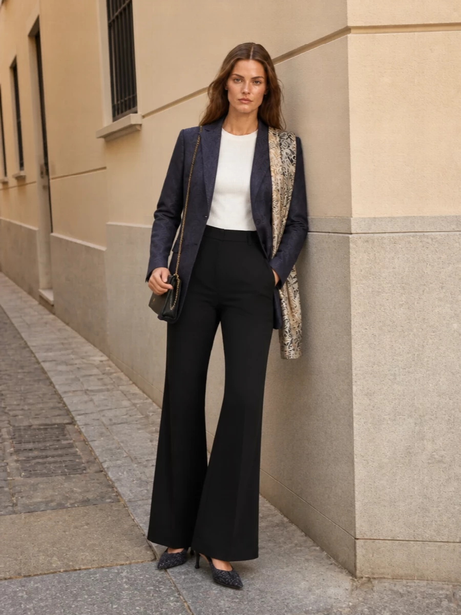 Etro navy paisley blazer black flared trousers