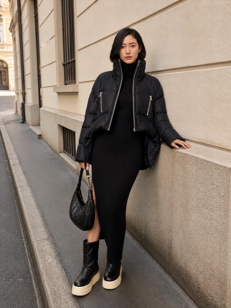 Rick owens black puffer ribbed maxi dress outfit