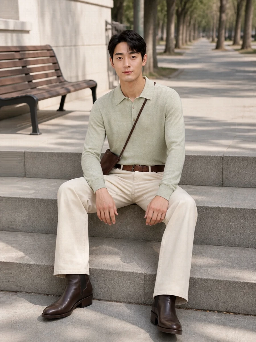 Auralee cream jeans sage knit brown boots