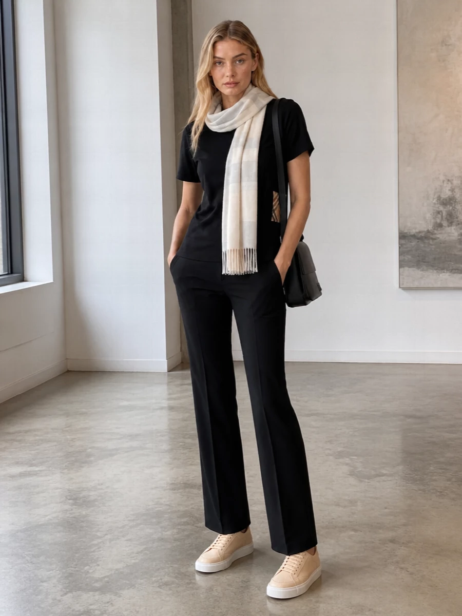 Burberry black tee tailored trousers outfit