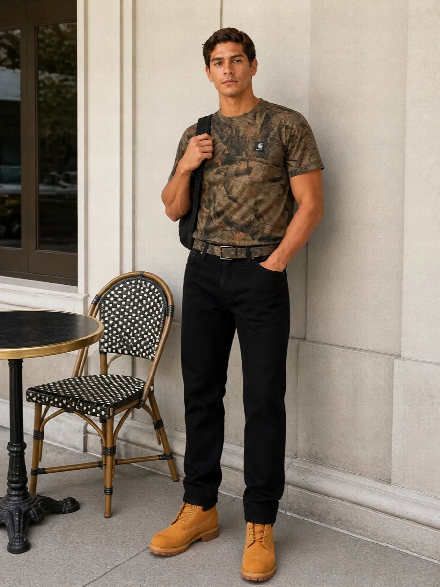 Carhartt camo tee black jeans timberland boots