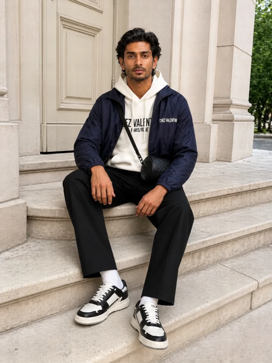 This look is an elevated sport-lux uniform built around the navy Valentino shell, layered over an off‑white Chez Valentino hoodie for a sharp yet relaxed logo dialogue. Clean black straight-leg track pants and graphic black‑and‑white court sneakers keep the line streamlined and urban, while the small black Bottega crossbody injects subtle texture and sophistication without breaking the minimalist palette. It’s perfect for SS city days when you want couture-level branding delivered in a quietly confident, athletic way.