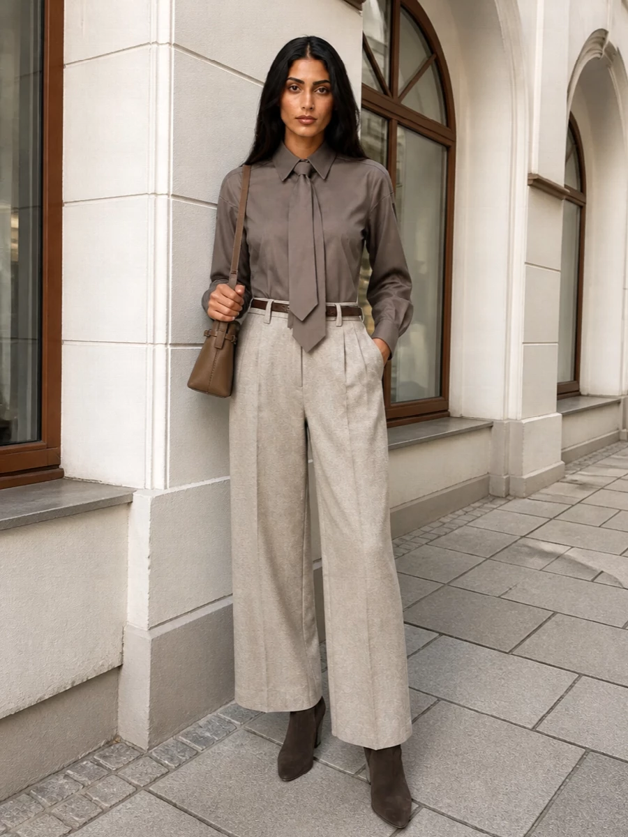 Brunello cucinelli taupe wide leg trouser outfit