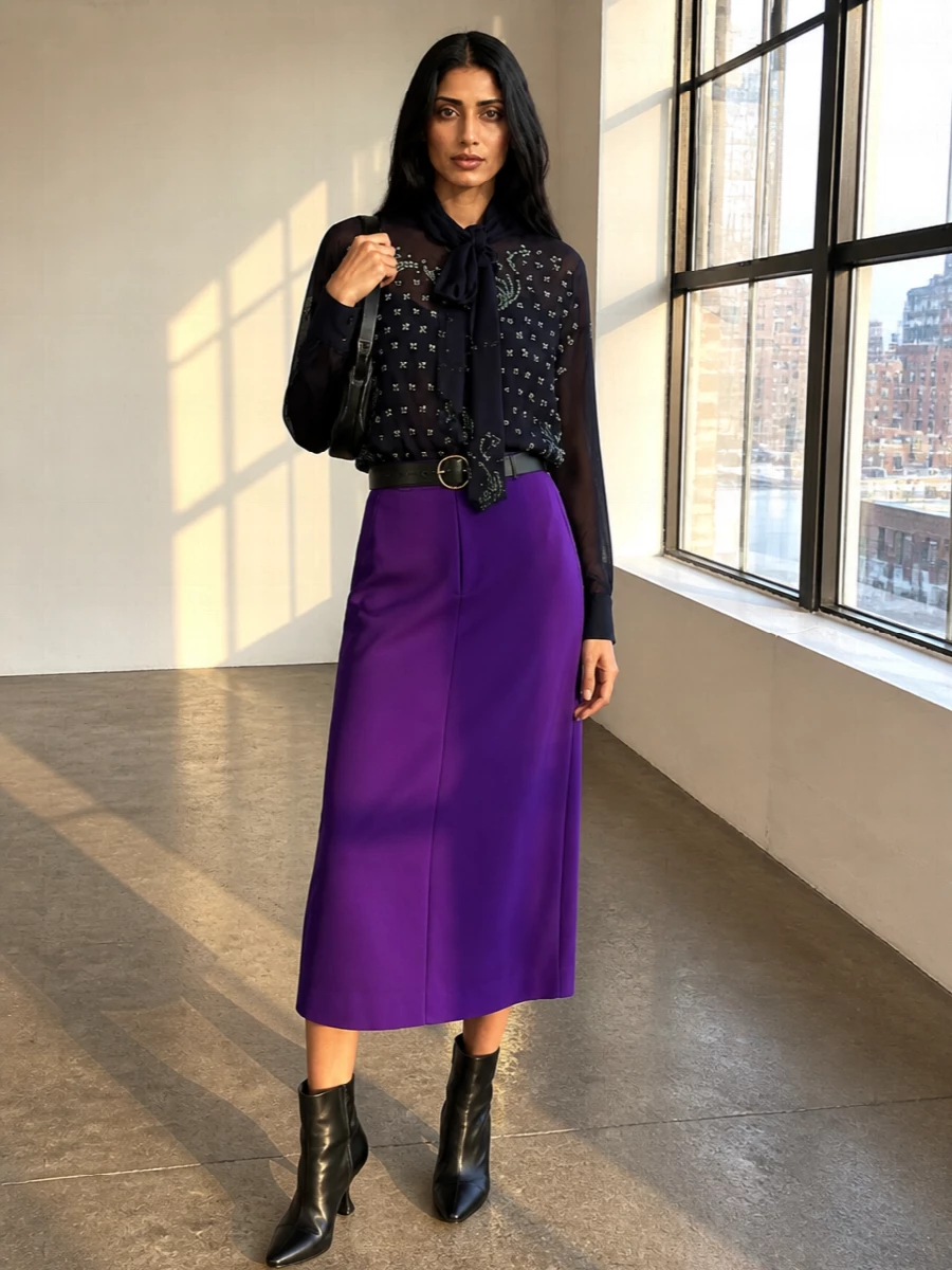 A saturated violet column is sharpened with inky black accents, from the sheer, crystal-scattered blouse to sculpted ankle boots and a glossy clutch. The wide, architectural belt cinches everything into a precise, evening-ready line that feels modern, intelligent, and unmistakably Dries. This is the kind of rich color statement that reads as impeccably composed rather than loud.