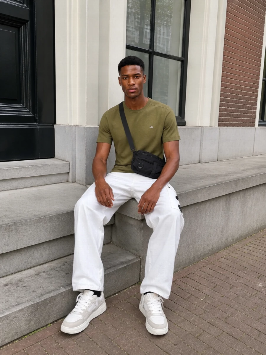 Olive on top with crisp white cargos keeps the outfit clean, graphic and very C.P. Company, with the relaxed volumes feeling easy but still sharp. Neutral technical sneakers and a compact crossbody stay in the sport-utility lane while the black accents quietly frame the light base. The result is a modern city uniform that reads minimal, functional and ready for long days on the move.