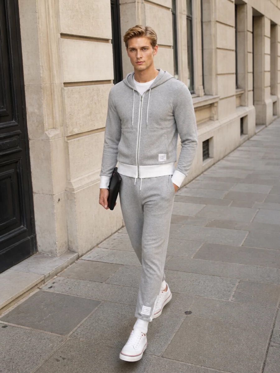 Thom browne grey tracksuit outfit sneakers