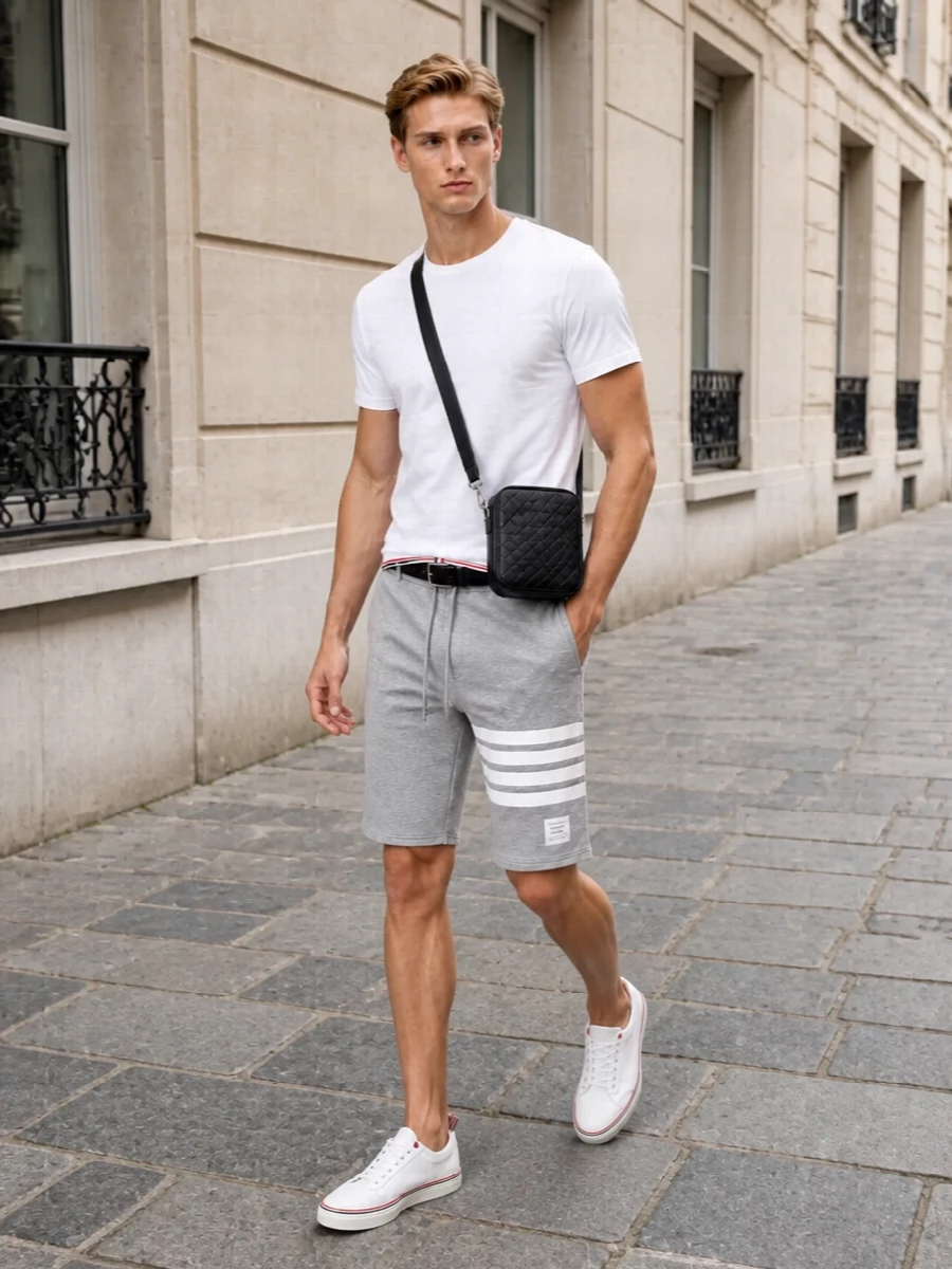 Thom browne grey shorts white tee outfit