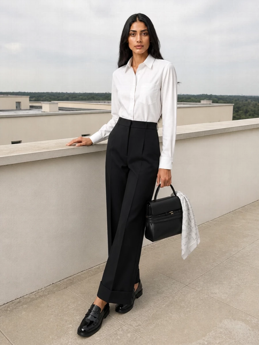 Moschino white shirt black wide leg trousers