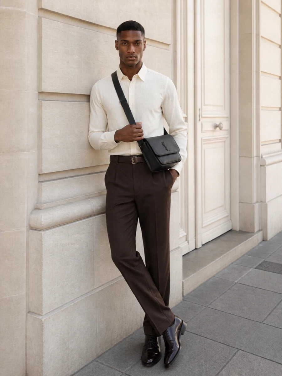 Rich chocolate tailoring is softened with an ivory striped shirt, giving the outfit a quietly polished warmth for dinners or late office hours. Espresso derbies and a dark, structured crossbody keep the lines sharp and grounded. The brown belt subtly echoes the footwear, so the whole mix reads coherent rather than overly matched.