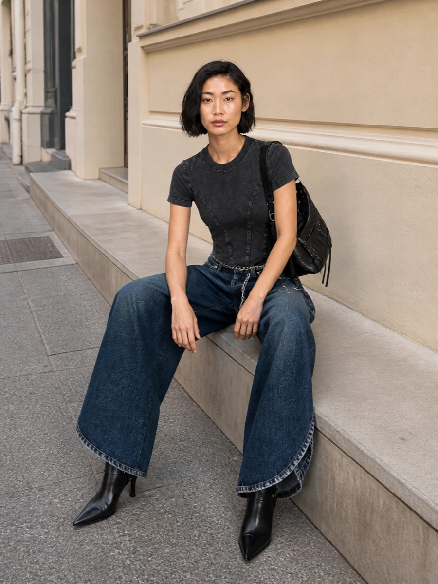 Balenciaga’s sculpted wide-leg denim is grounded with a corset-cut charcoal tee, keeping the focus on a long, clean torso over exaggerated volume. Razor-edged black stiletto boots and a slouched hobo sharpen the attitude, while a silver chain belt quietly defines the high waist and brings a subtle industrial glint. The result is dark, directional streetwear that feels ready for late city nights without losing ease.