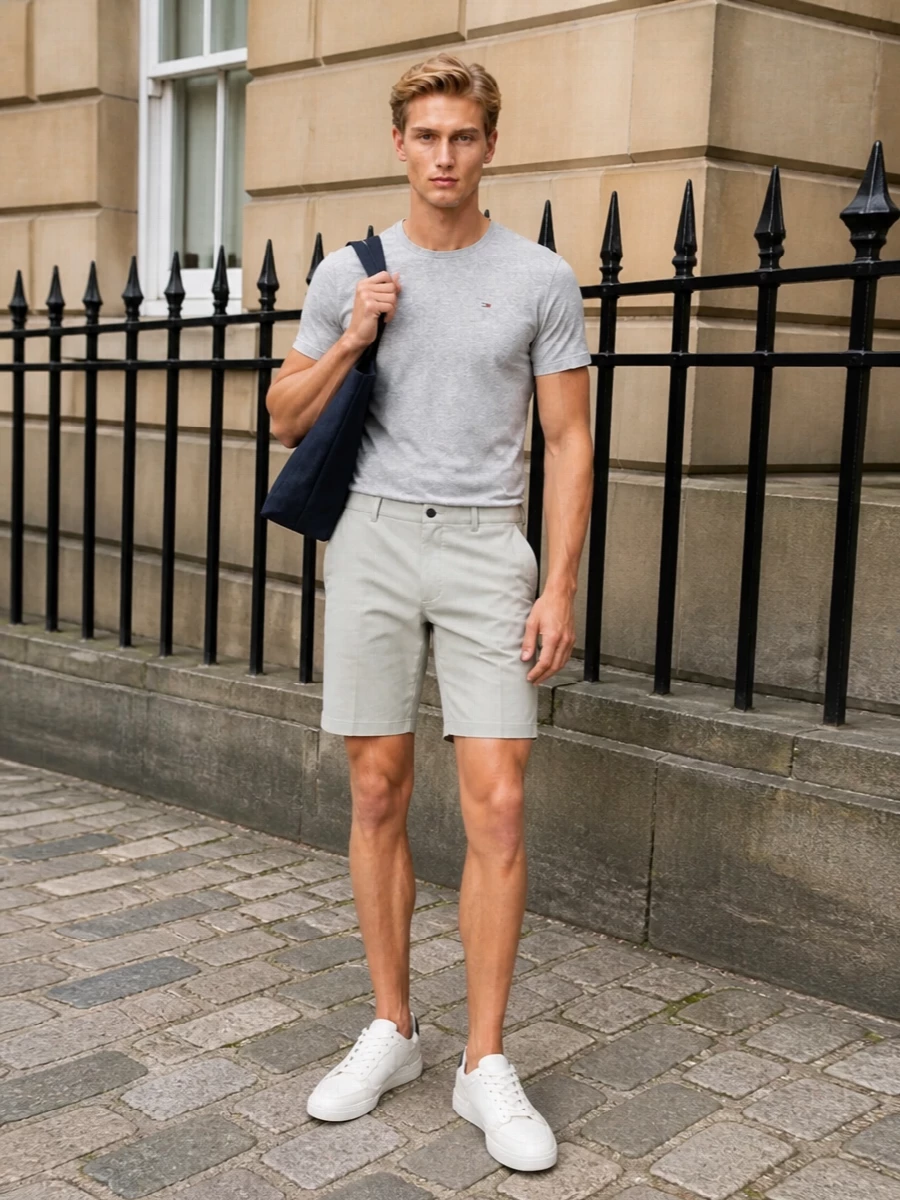 Tommy hilfiger grey tee chino shorts outfit