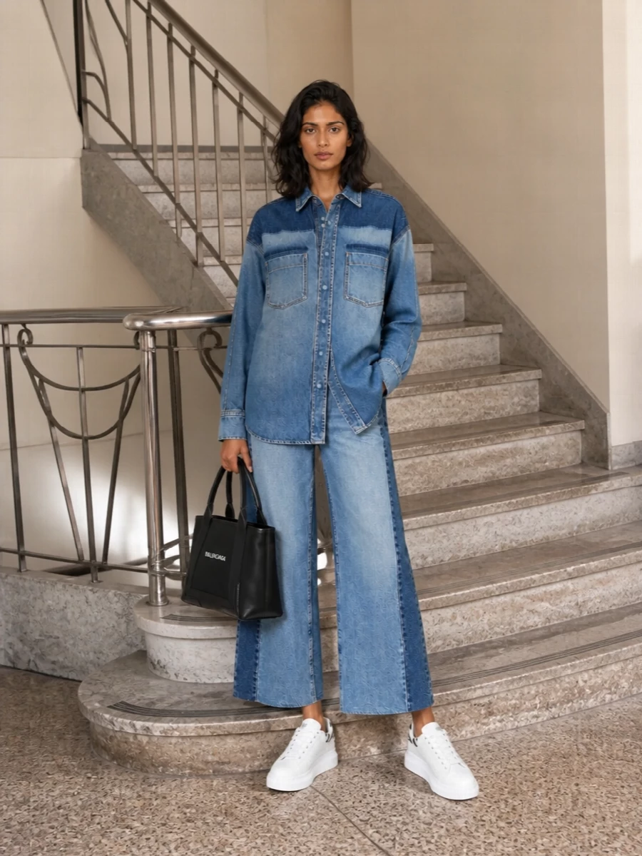 Two-tone wide-leg denim and a relaxed longline denim shirt create a strong, slouchy column that feels intentionally oversized rather than thrown together. Chunky white platform sneakers and a sharp black Balenciaga top-handle pull it into clean city-street territory, giving the volume a crisp, graphic finish. The result is denim-on-denim with attitude, grounded and wearable for cool-weather days out.