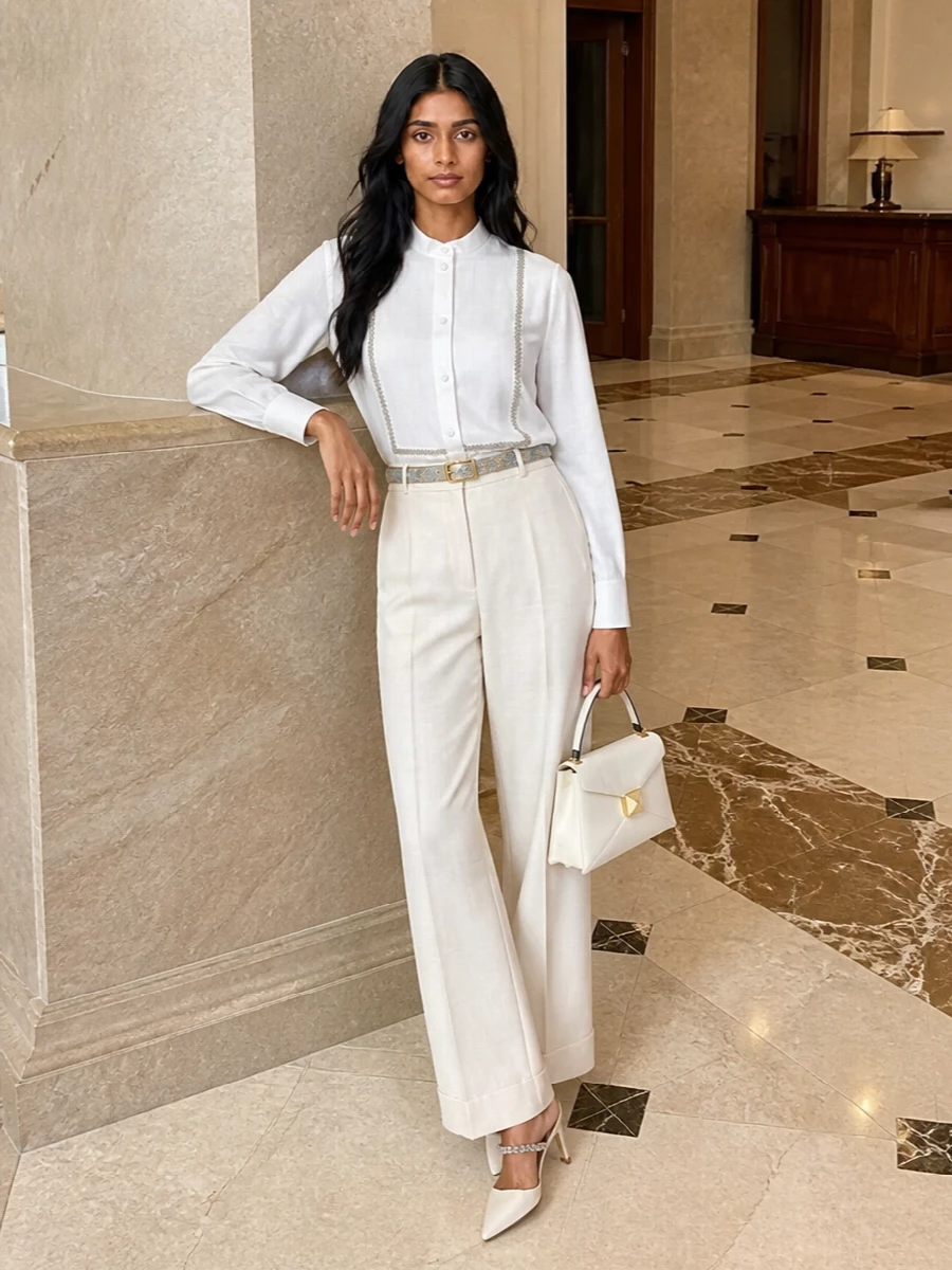 Gucci jeweled shirt ivory wide leg trousers outfit