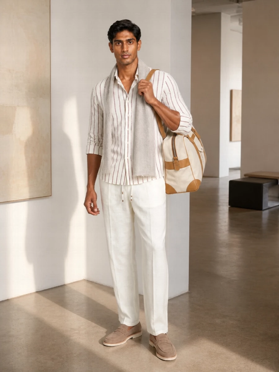 Brunello cucinelli striped shirt ivory drawstring trousers