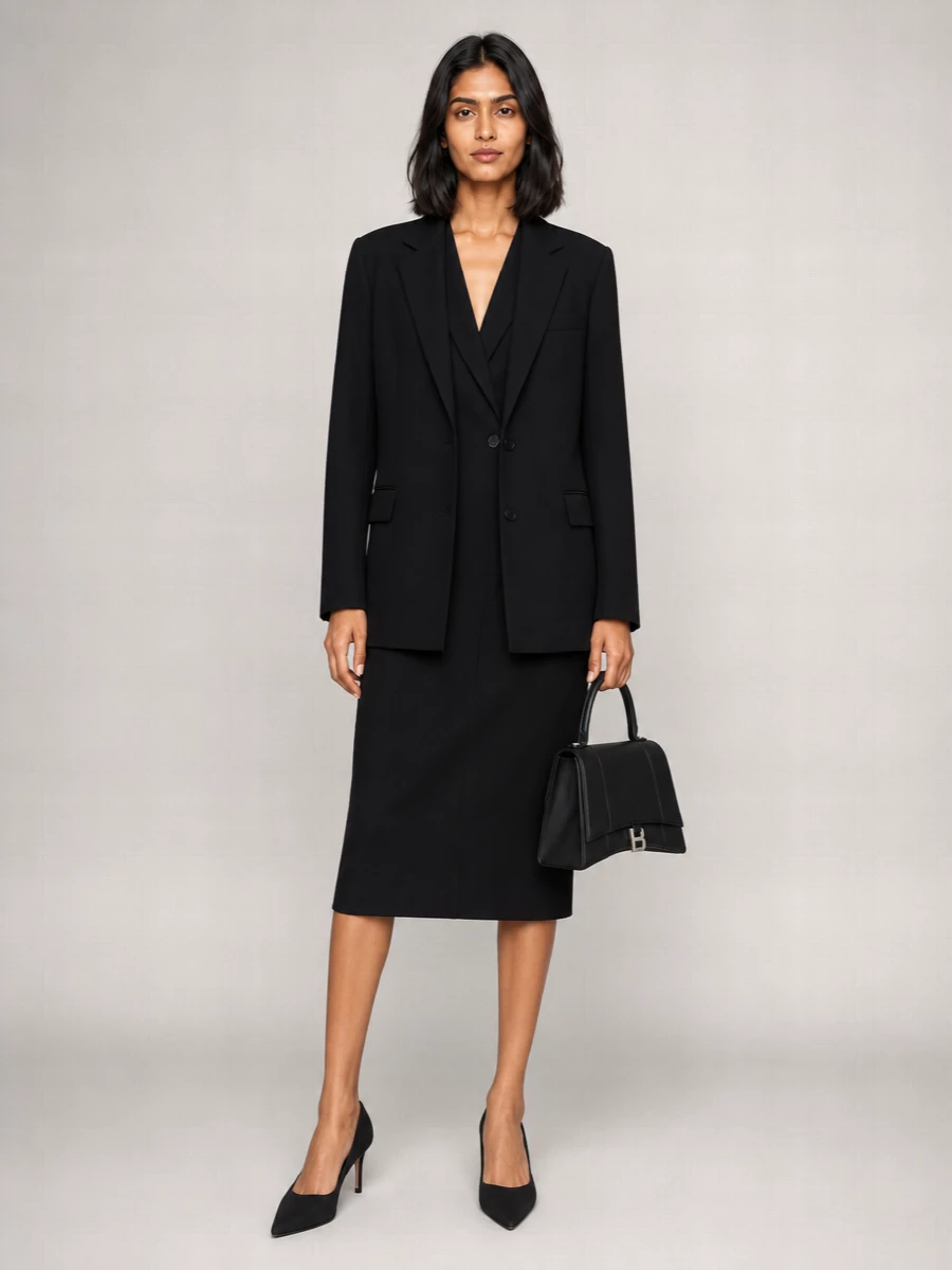 I chose the dress route so the outfit functions as a single, controlled column of tailoring under the black Balenciaga blazer, rather than stacking multiple jackets. The blazer-inspired midi dress, sharp pumps and structured top-handle bag create a quiet, boardroom-to-bar uniform that feels powerful without any excess detail. It is all about long, clean lines and one consistent language of minimal, high-tier Balenciaga suiting.