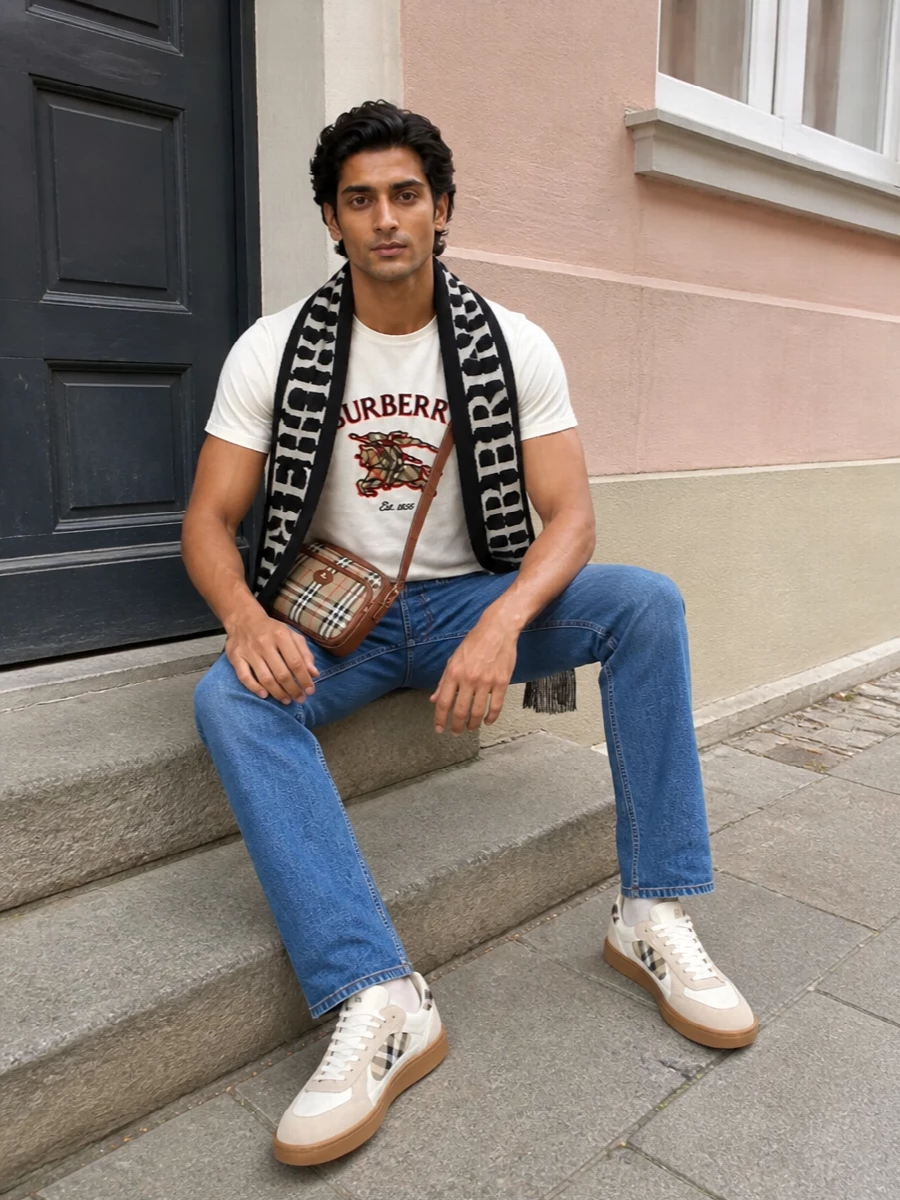 Burberry mens cream logo tee jeans outfit