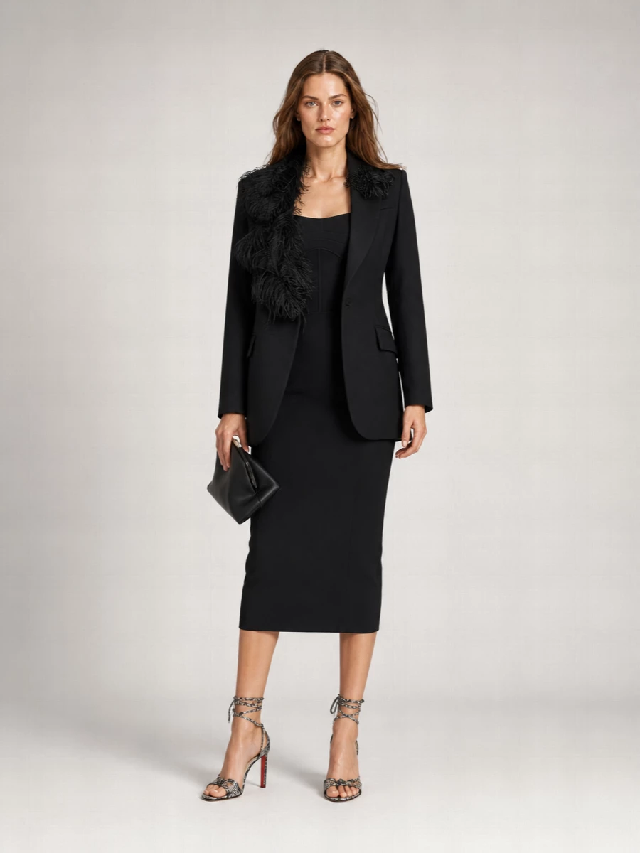 The Attico Feather-Trim Single-Breasted Wool Blazer
