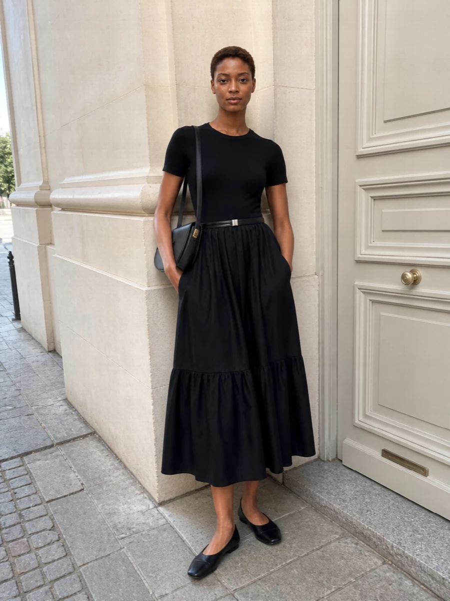 A black-on-black uniform that feels calm but considered, built around the Patou dress’s softly structured waist and fluid tiers. Glove-soft flats and a sculptural shoulder bag keep it city practical, while a slim belt adds just enough definition to move easily from brunch to low-key drinks. Minimal hardware and a single color story let the silhouette do all the work.