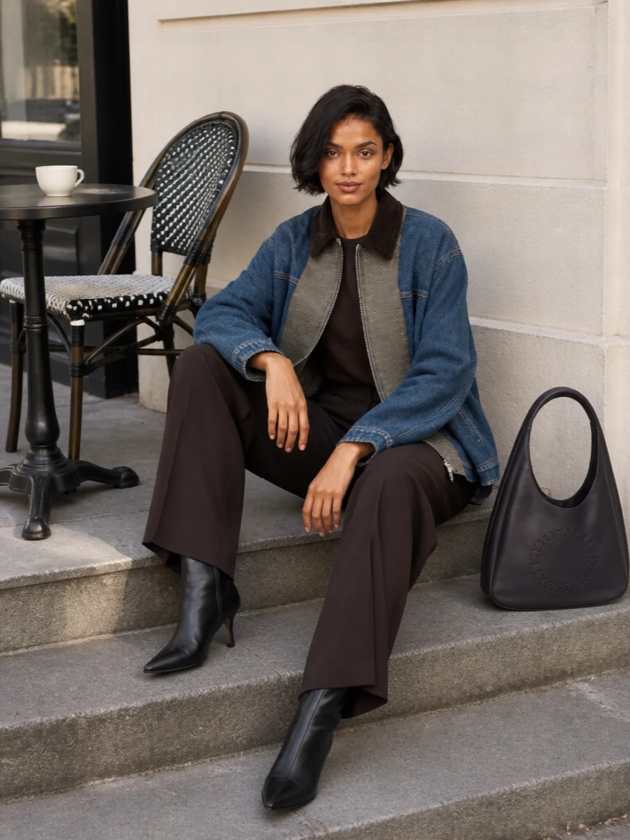 Stella mccartney denim bomber brown wide leg trousers