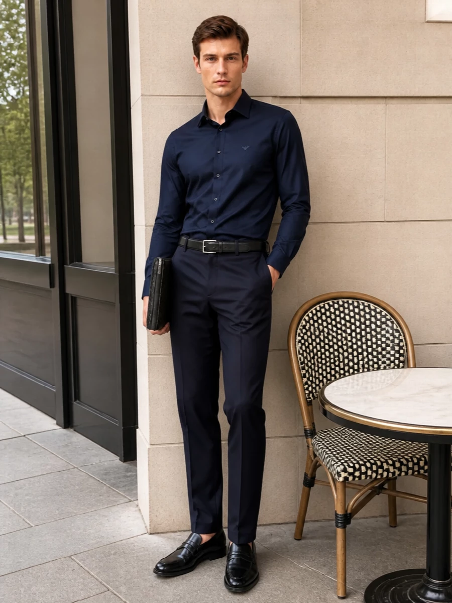 Armani navy trousers shirt black loafers