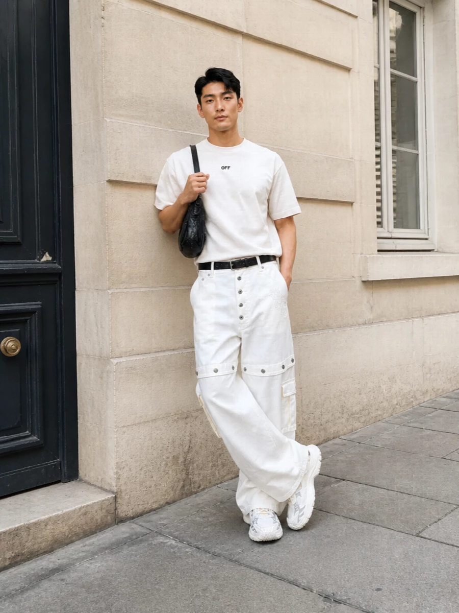 Off white cargo jeans logo tee street outfit