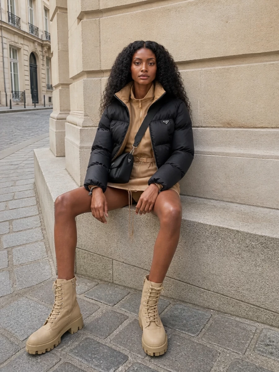 Prada puffer camel mini dress chunky boots