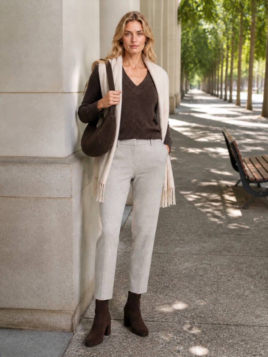 Lisa yang brown sweater grey knit trousers outfit