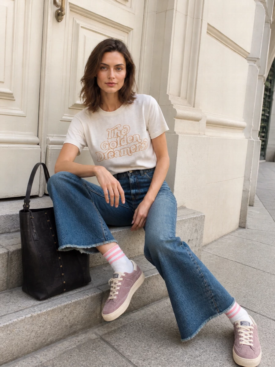 Golden goose tee flared jeans sneakers