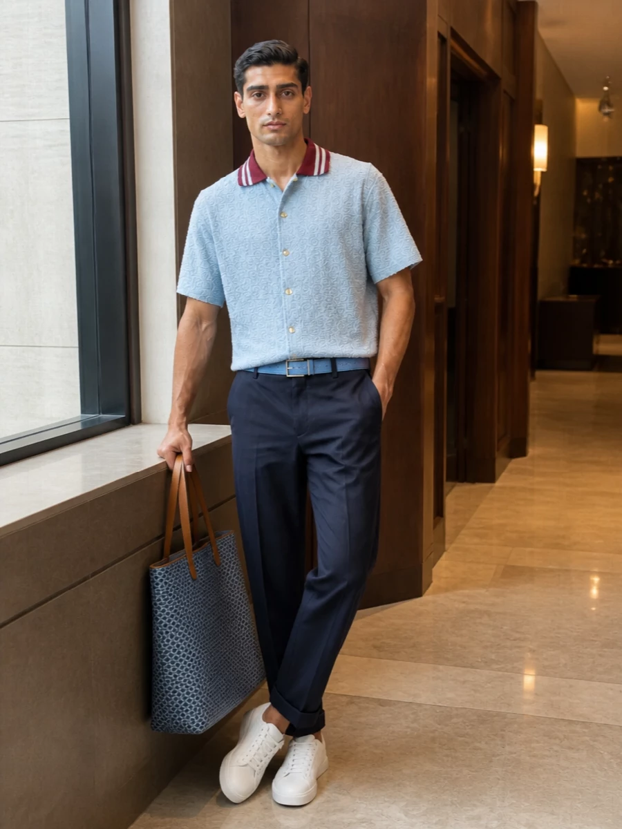 Drole de monsieur polo navy trousers white sneakers