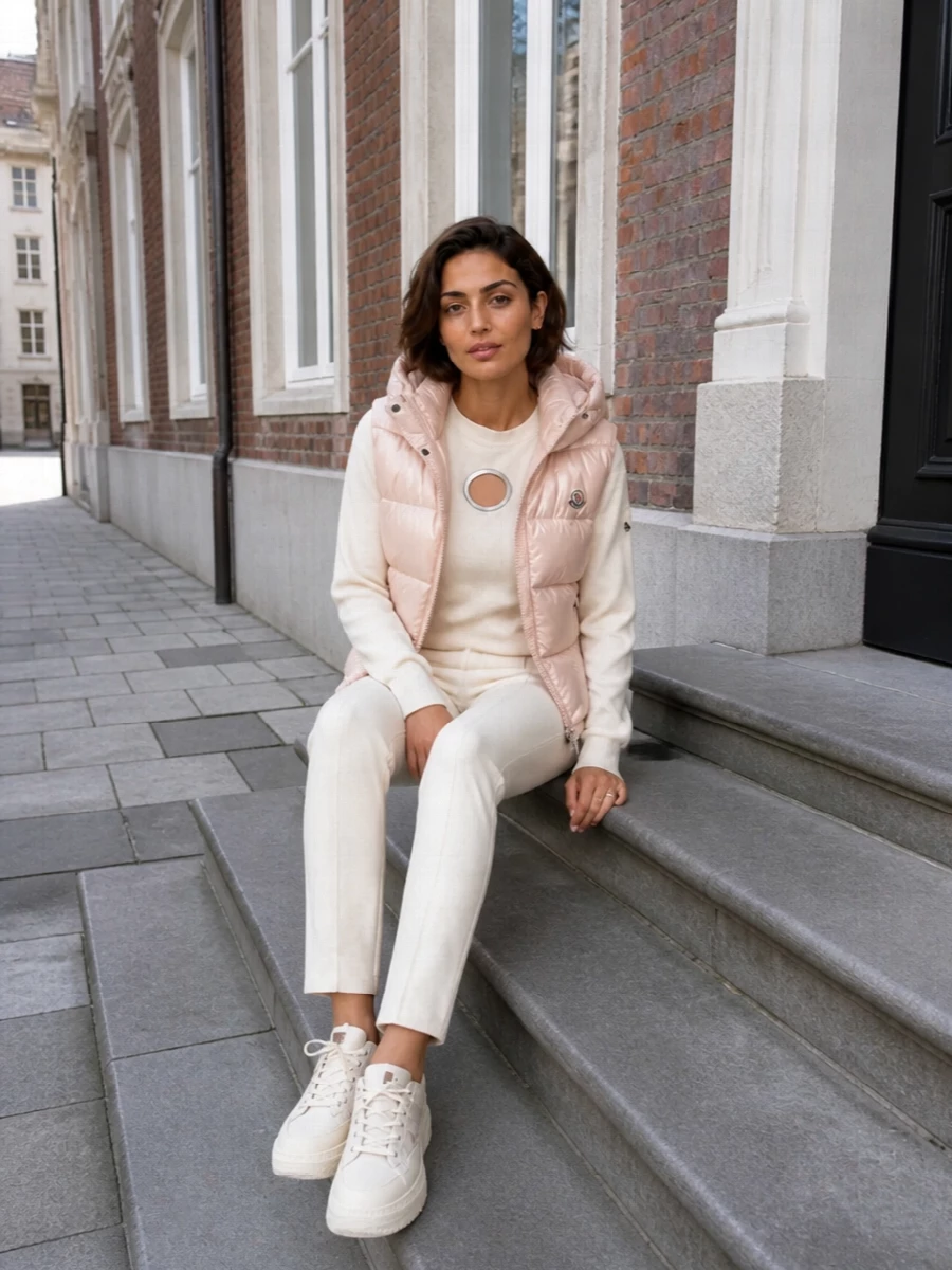 Moncler pink gilet ivory knit slim ski pants