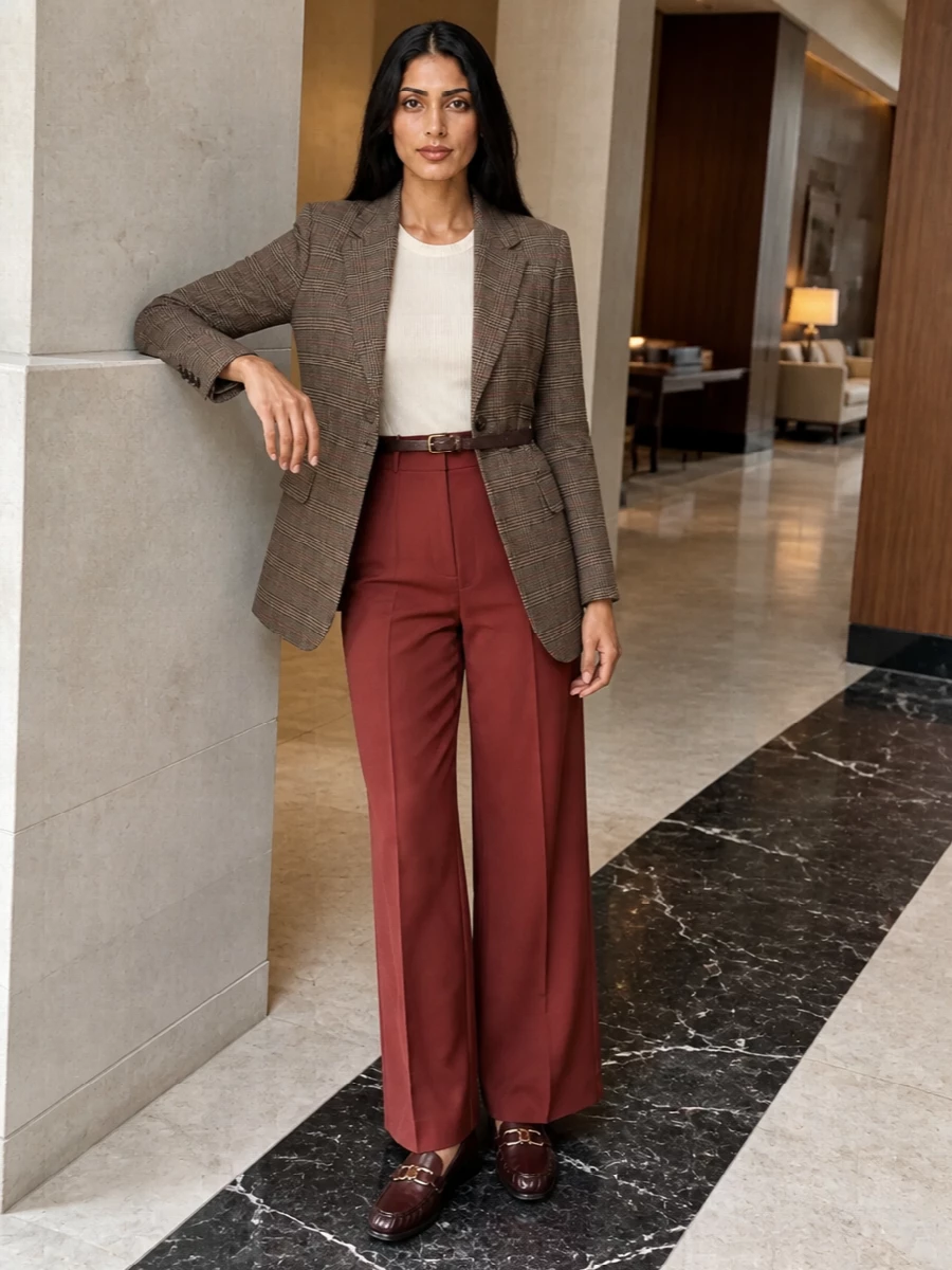 Max mara brick red trousers check blazer outfit