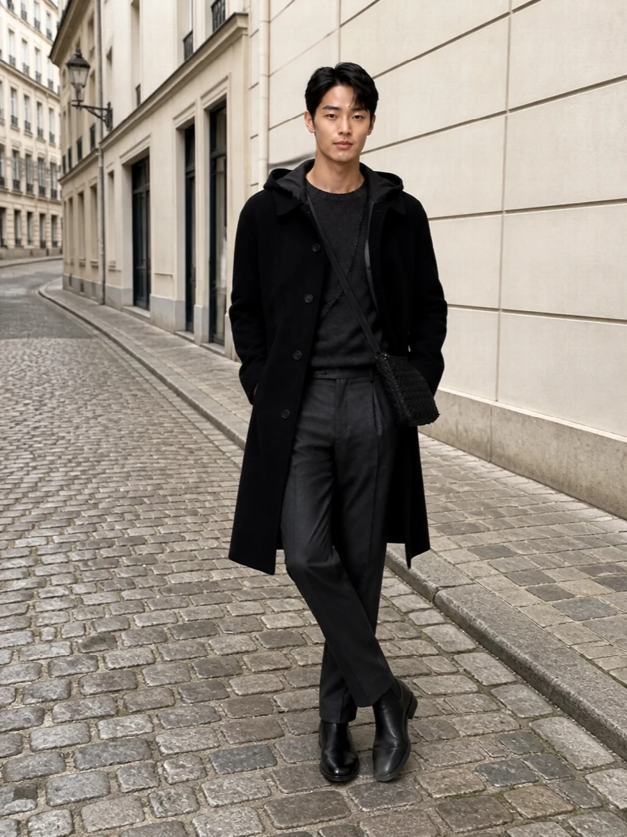 Prada black coat tailored trousers outfit