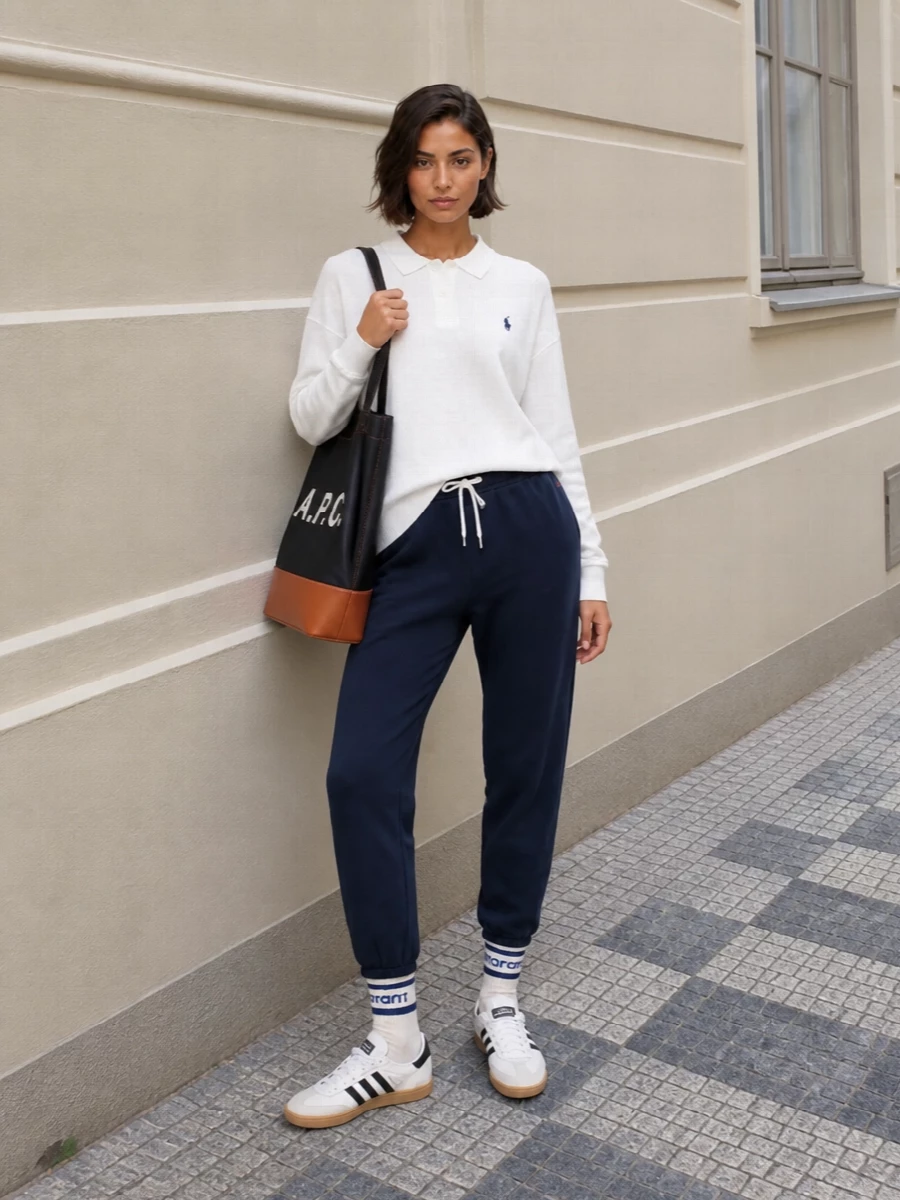 Navy joggers and a relaxed white polo create a clean, preppy sport base that feels easy but considered for city days or travel. Retro white sneakers and striped cream socks keep the palette soft and nostalgic, while an inky logo canvas tote adds a confident off-duty polish. The proportions stay relaxed and low-key, with subtle color contrast keeping the outfit fresh rather than flat.