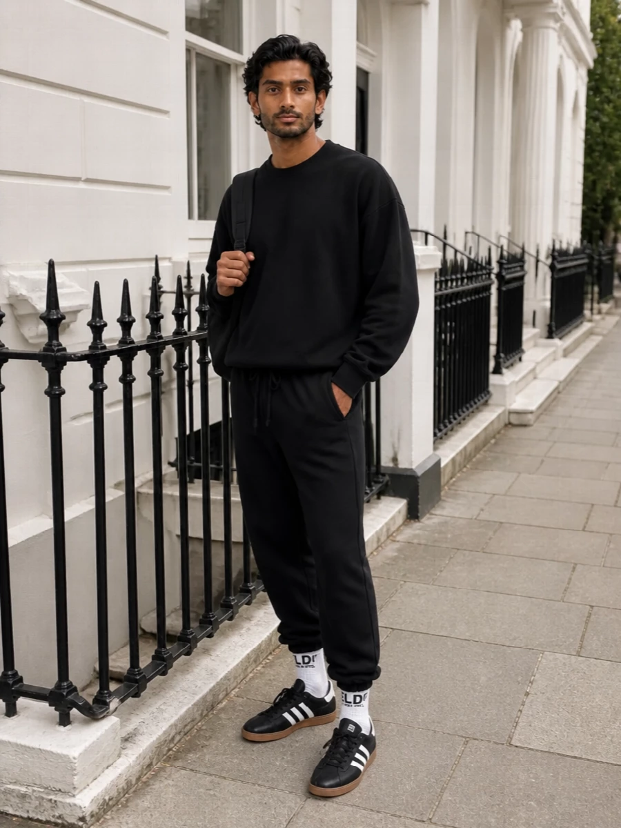 This is a monochrome city uniform built around clean Y-3 sport codes. Relaxed black track pants echo the sweatshirt’s volume, while low-profile Adidas gum-sole trainers keep it agile rather than bulky. A matte Y-3 backpack and subtle logo socks finish the outfit with practical, brand-consistent touches that still read minimal and unfussy.
