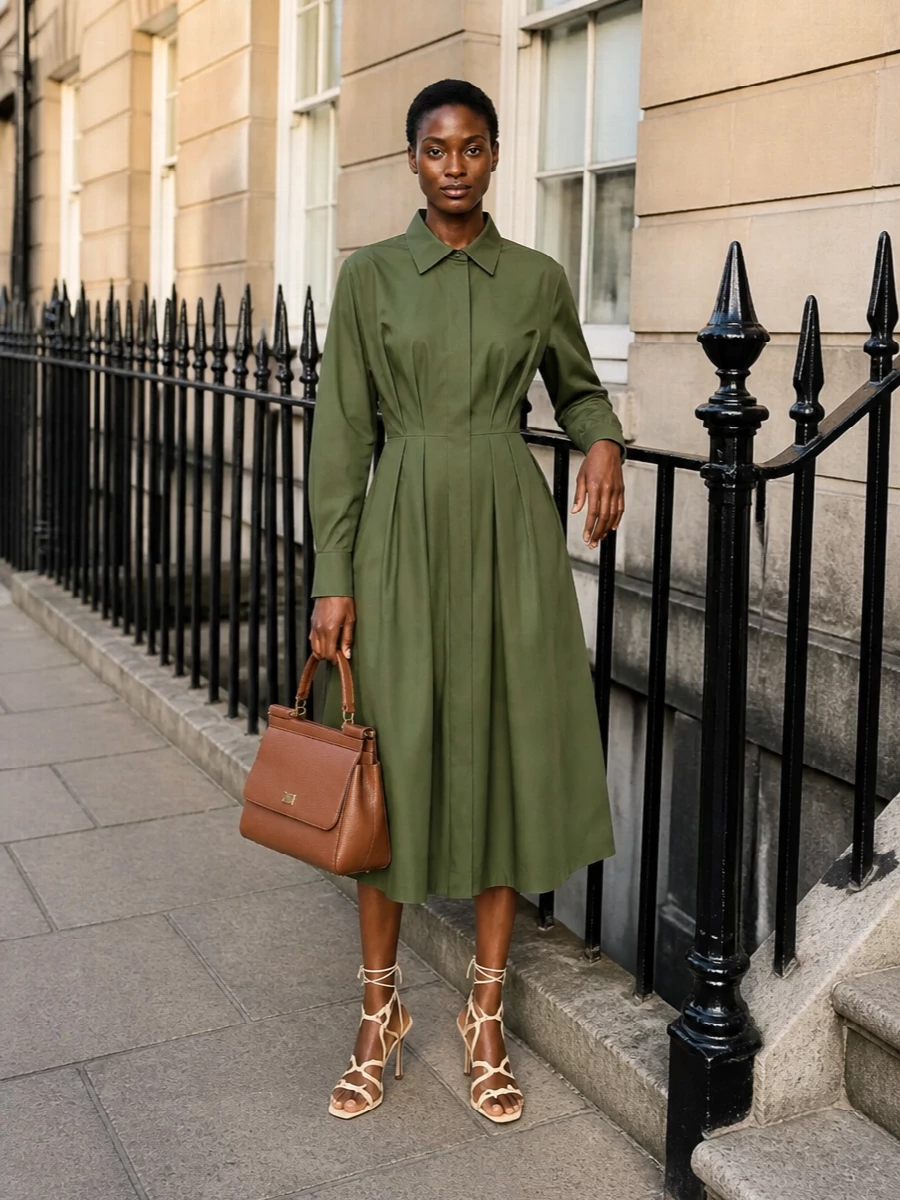 A cinched olive shirt dress and buttercream sandal build a precise, fluid column around the structured caramel top‑handle bag. The warm greens and soft neutrals sit in the same sunlit spectrum as the bag’s leather and gold, reading polished without feeling formal. Choosing the dress route keeps the silhouette minimal and uninterrupted, so the bag remains the quiet focal point rather than competing with separates.