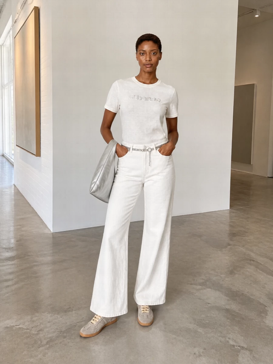 Paco rabanne tee white wide leg jeans outfit