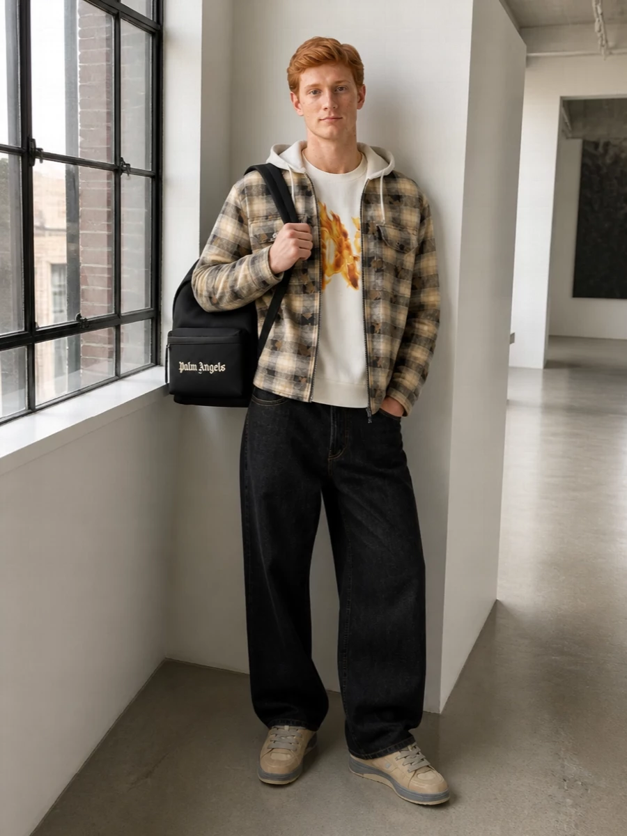 Palm angels plaid overshirt black wide leg jeans