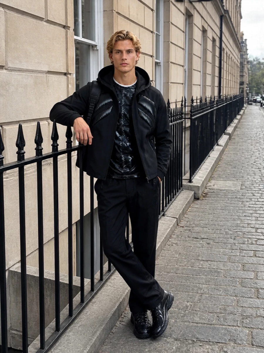 Moncler genius jacket black technical pants outfit