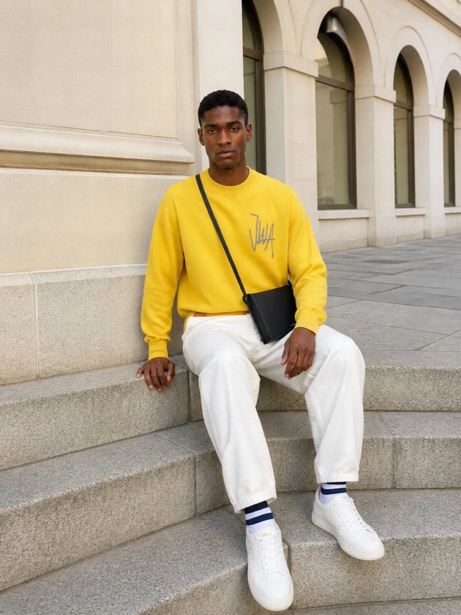 A bright yellow JW Anderson knit sits over off-white wide-leg trousers for a clean, sunlit take on streetwear prep. Off-white minimalist sneakers keep the line airy and grounded. A slim navy crossbody and matching striped socks pull in a subtle collegiate accent without stealing focus from the color.