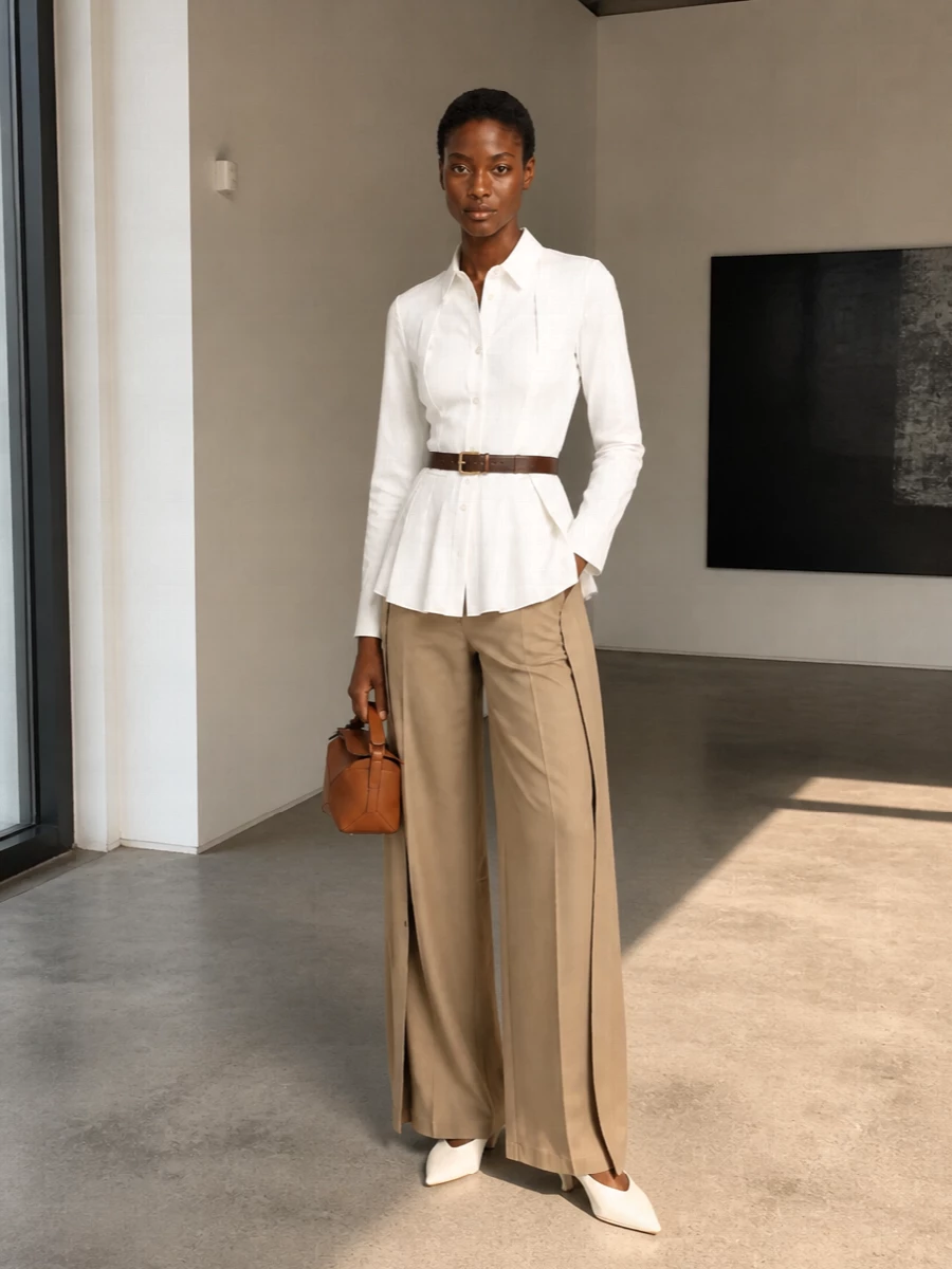 Loewe camel wide leg trousers white shirt outfit