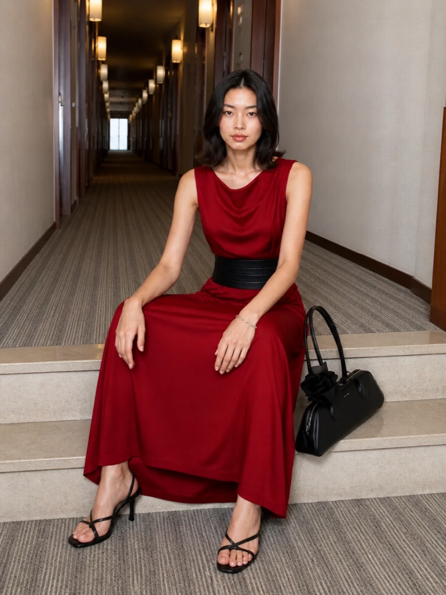 Maison margiela red gown black evening accessories